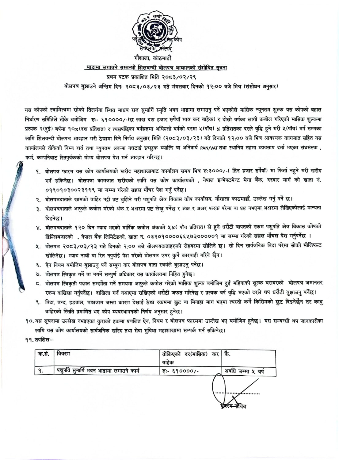 भाडामा लगाउने सम्बन्धी शिलबन्दी बाेलपत्र आव्हानकाे संशाेधित सूचना ।